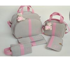 Kit de Bolsas Luxo para Menina Linho Bege com Rosa