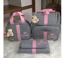 Kit Bolsas Maternidade Menina Linho Cinza com Rosa